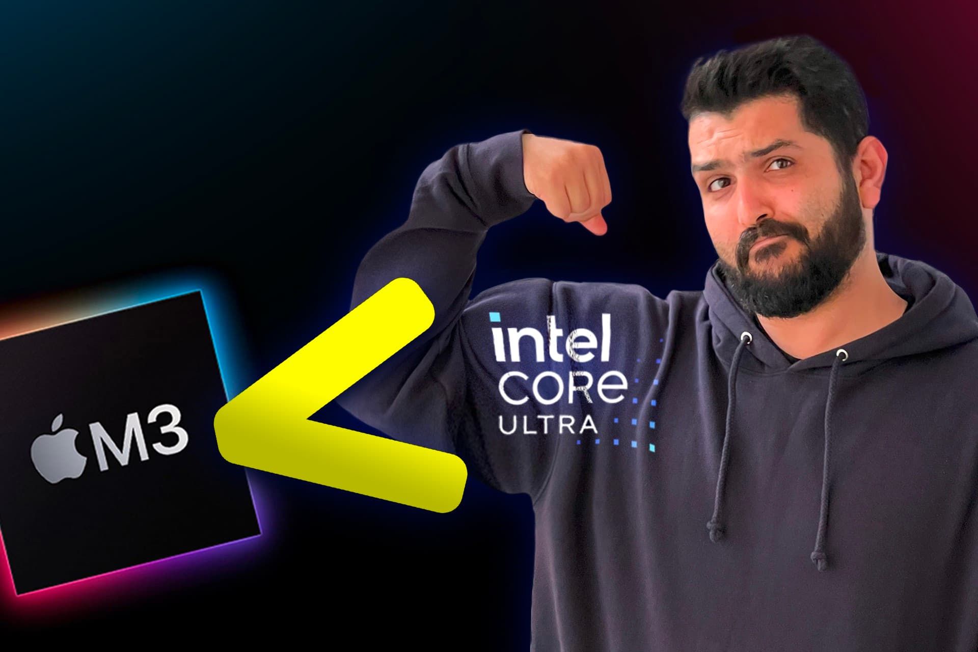 پسر جوان با هودی در کنار تراشه M3 اپل و اینتل Core Ultra