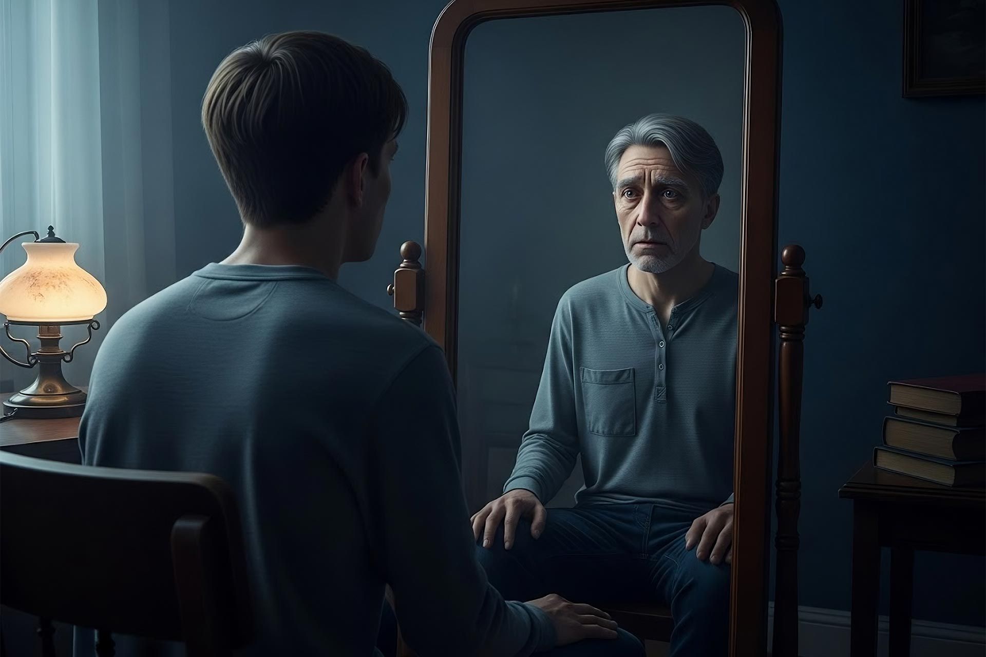 تصویرسازی از مرد جوانی که در آینه نسخه مسن خود را مشاهده می‌کند