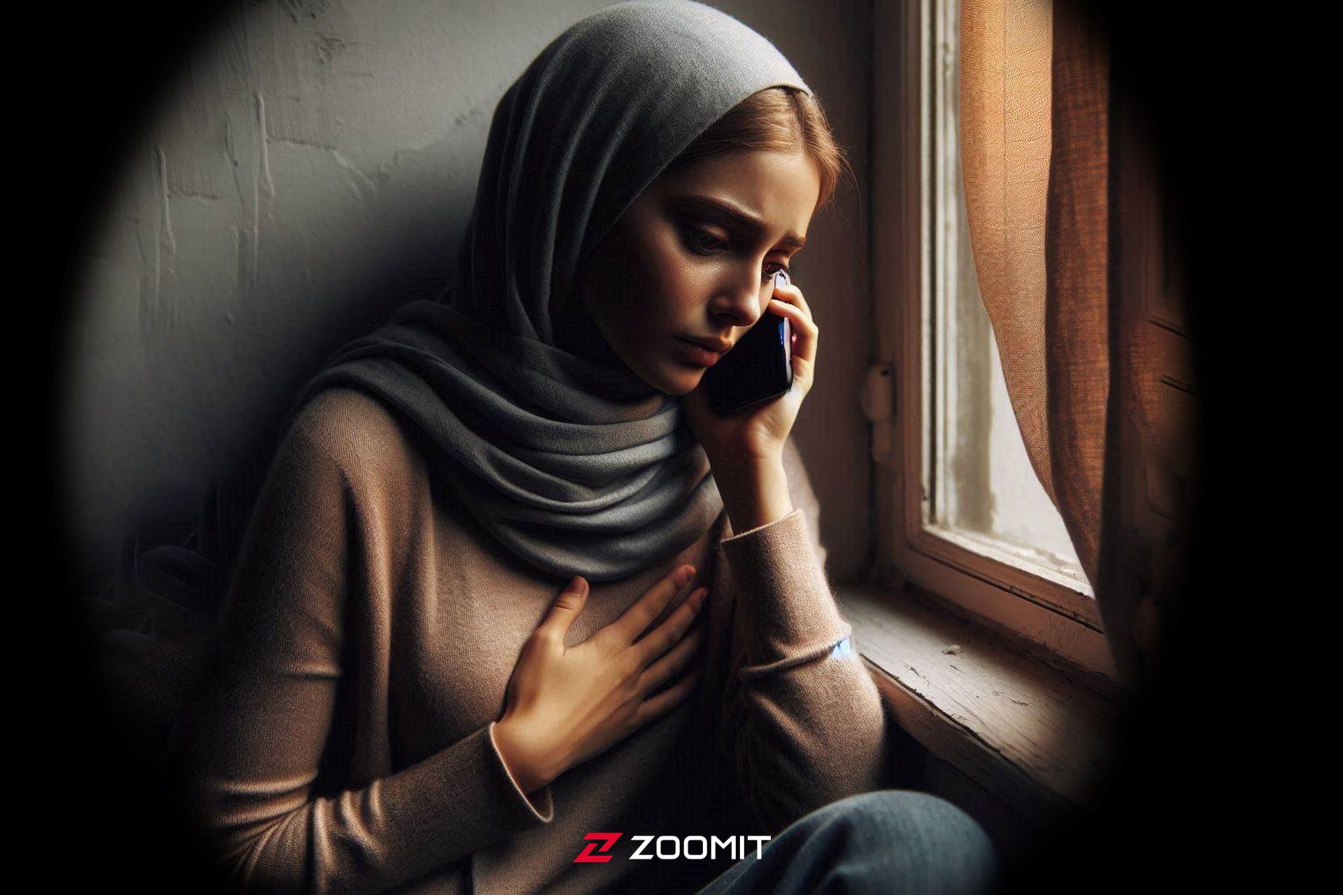 زن جوانی با استرس نزدیک پنجره به تماس تلفنی گوش می‌دهد