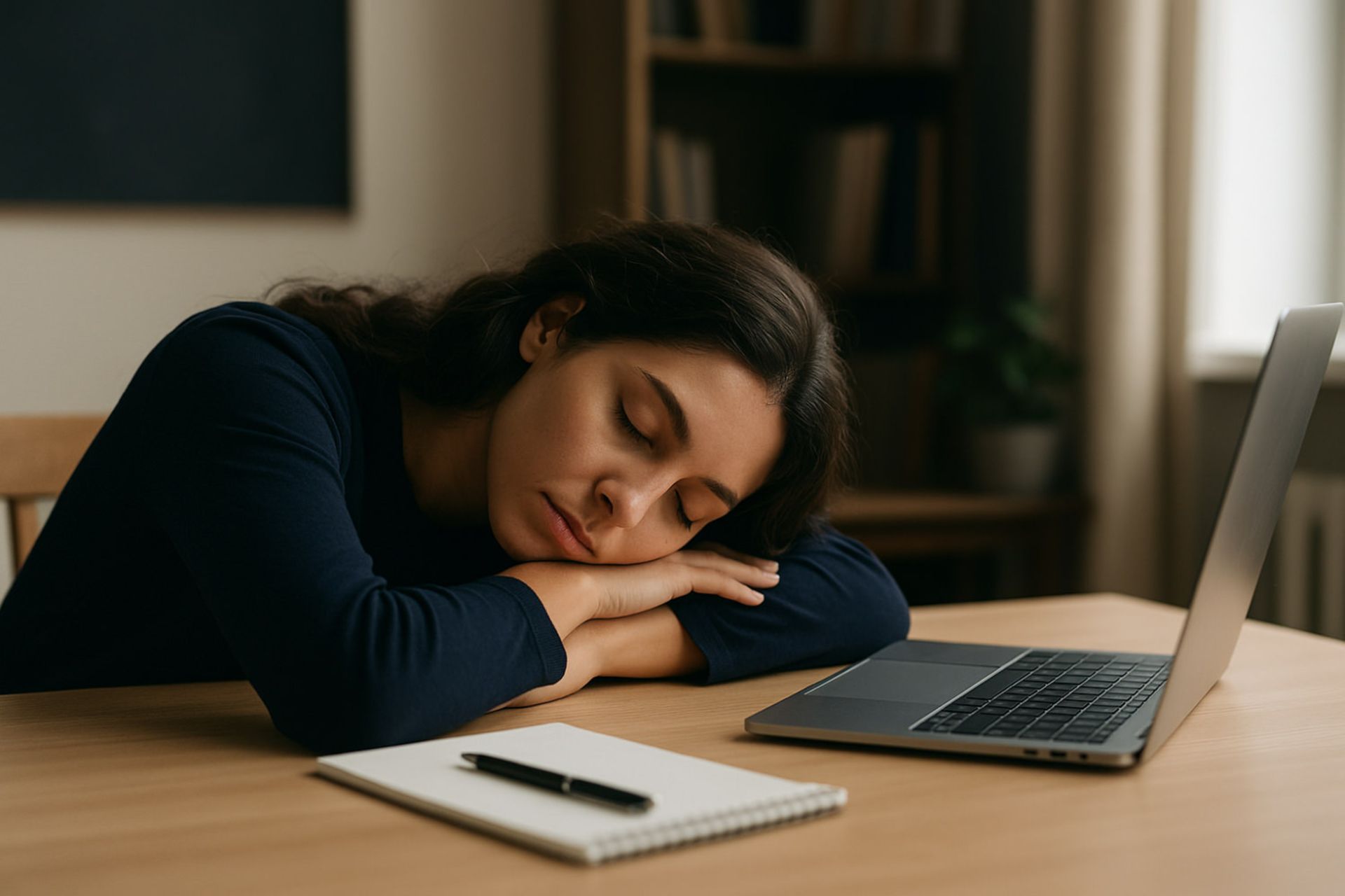 زنی جوان سرش را روی دست‌هایش روی میز گذاشته و در کنار لپ‌تاپ و دفتر یادداشت خوابیده است