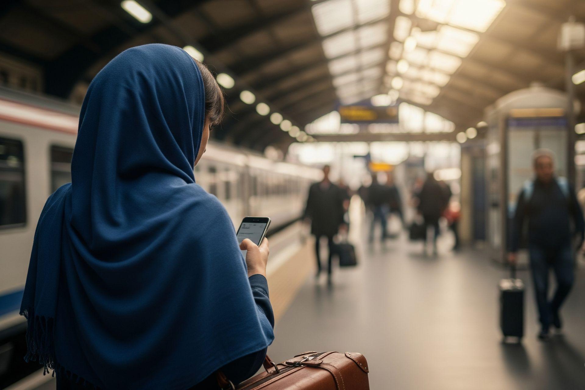 زن جوان در حال کار با گوشی در ایستگاه قطار