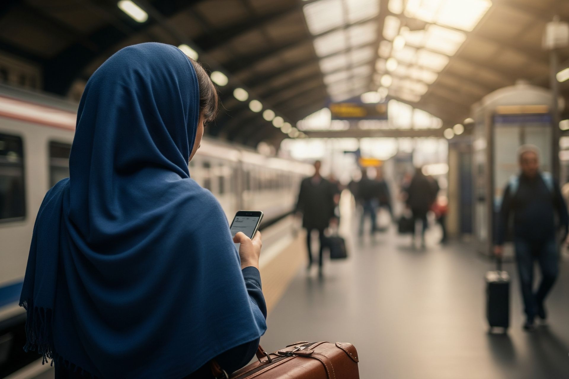 زن جوان در حال کار با گوشی در ایستگاه قطار