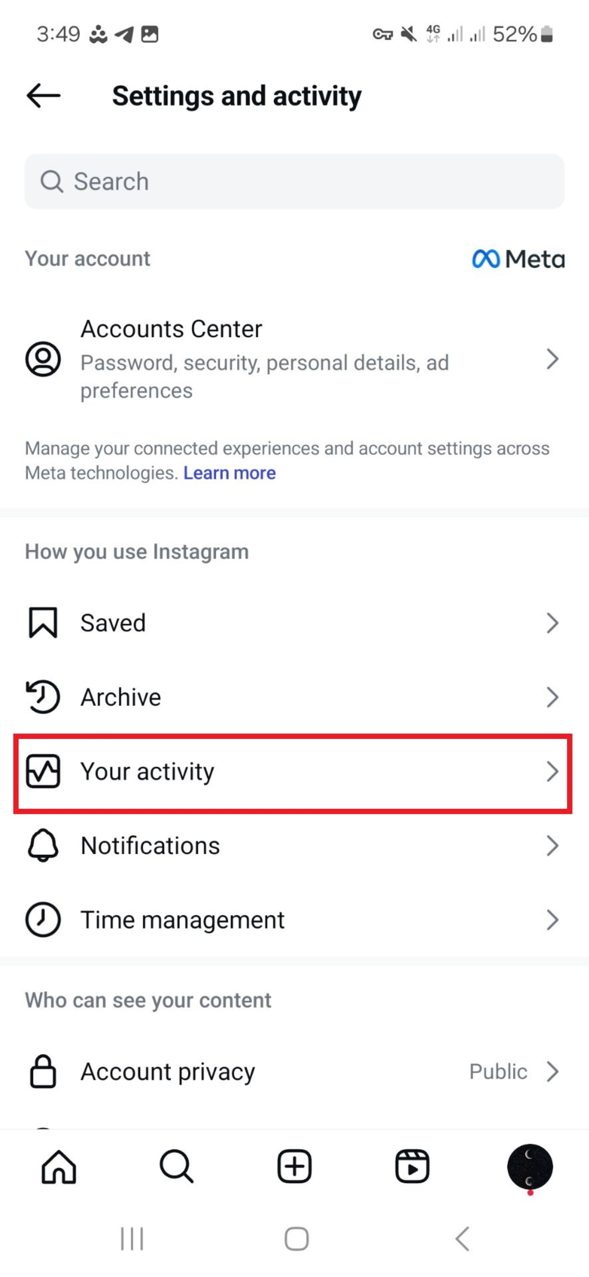 بخش your activity اینستاگرام