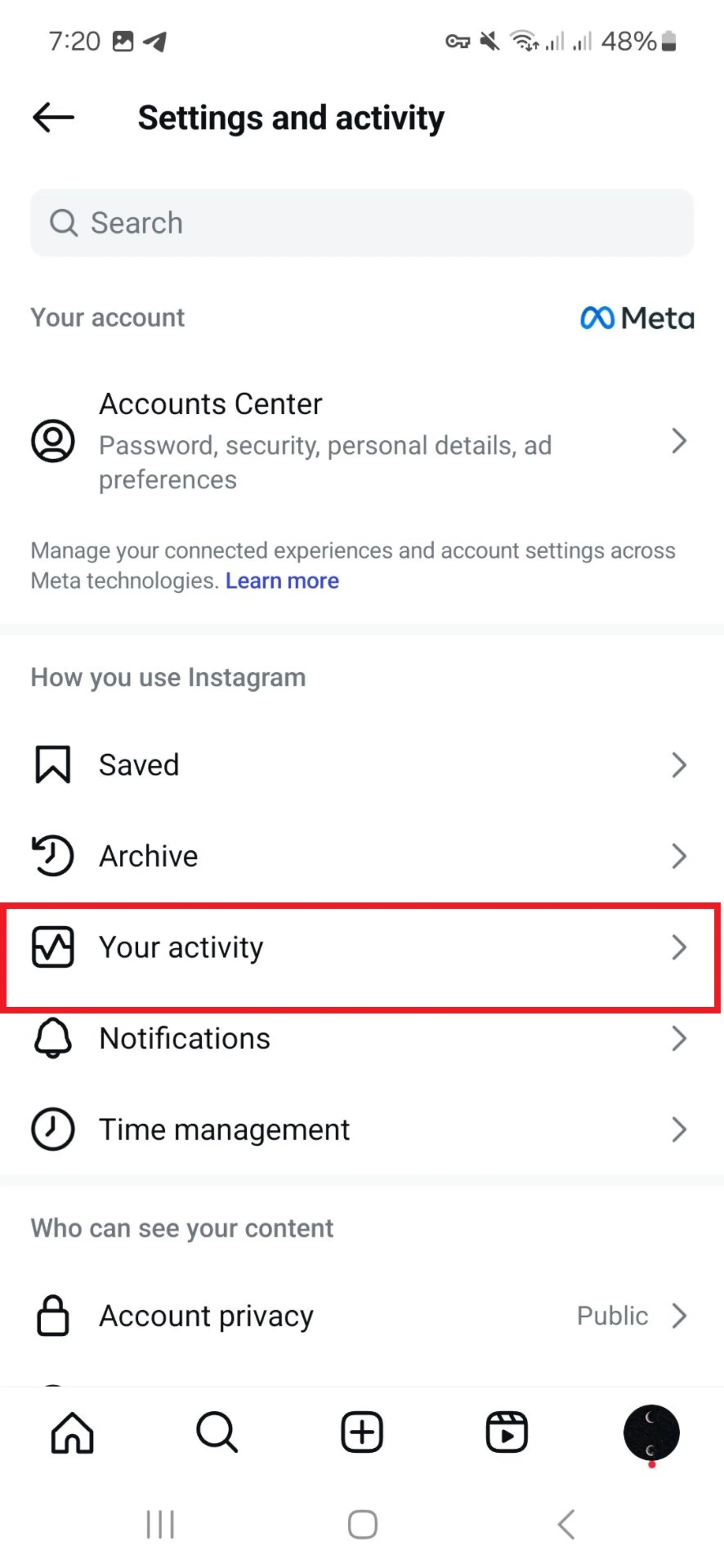 گزینه‌ی Your activity در اینستاگرام