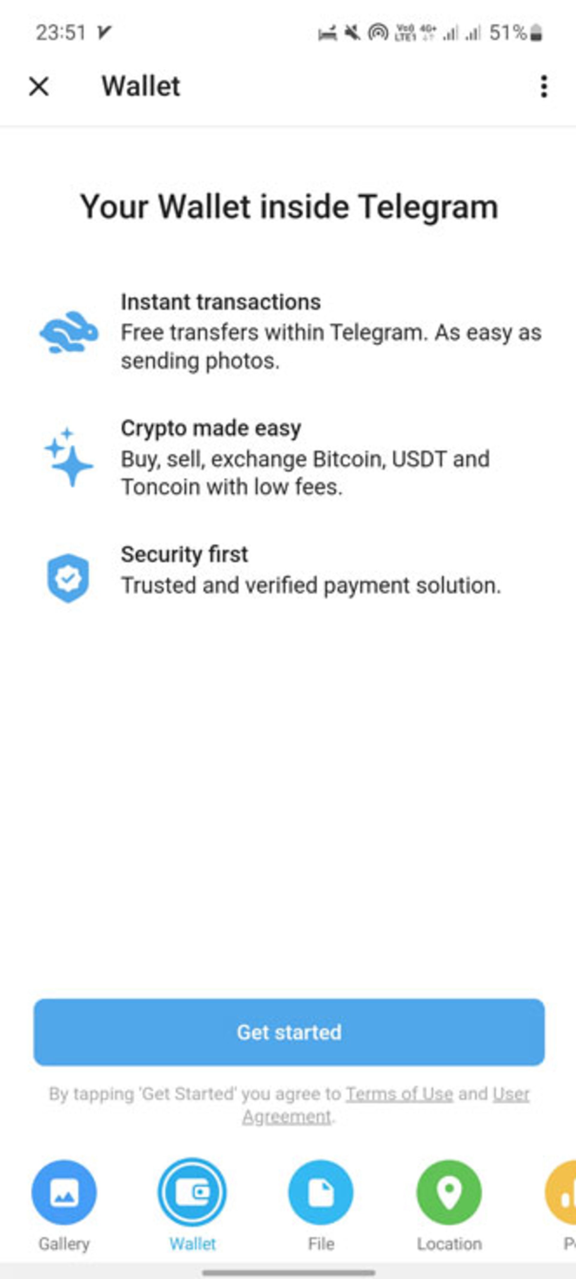 صفحه‌ی Your wallet inside telegram