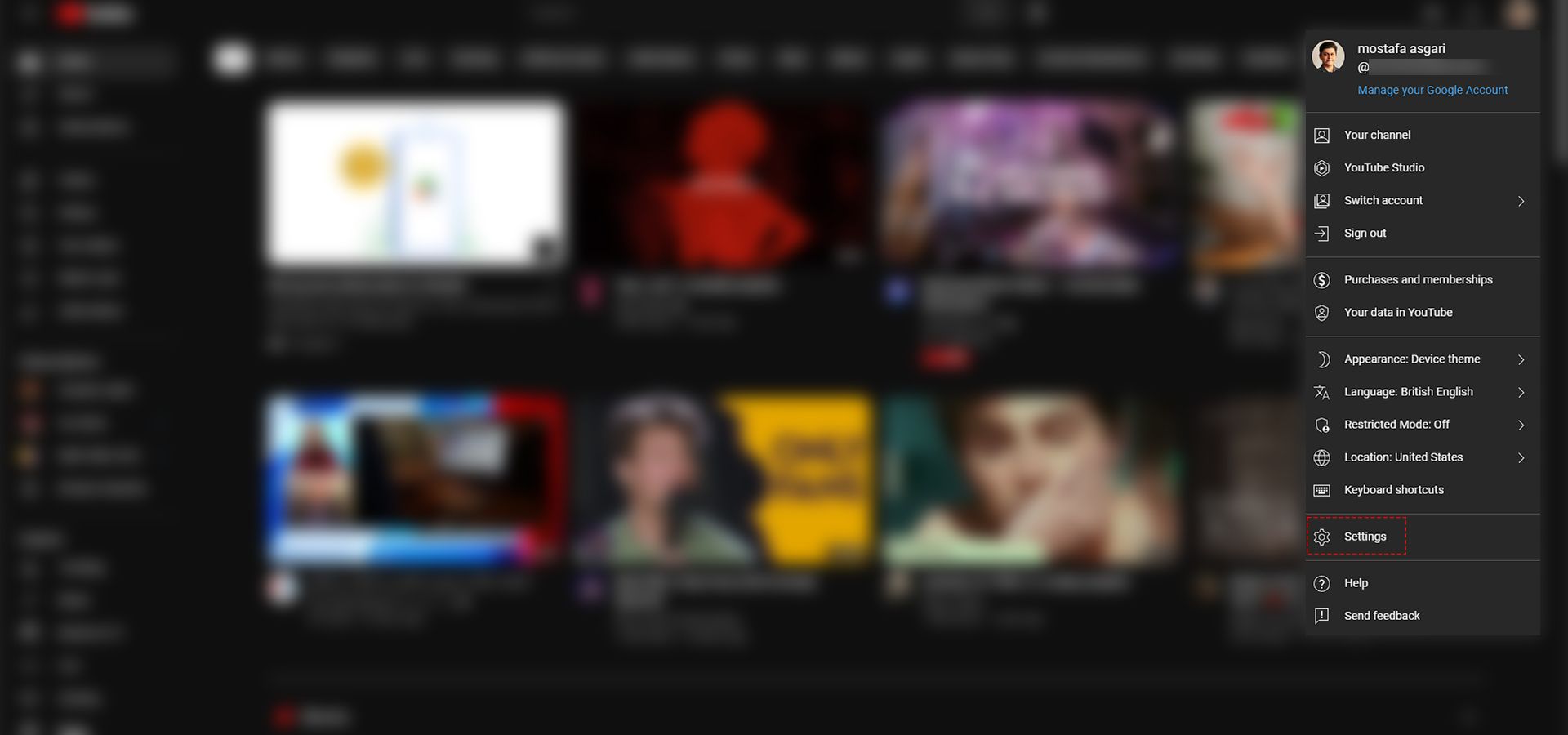 صفحه اول یوتیوب که منوی کناری پروفایل باز شده و روی Settings علامت گذاشته شده