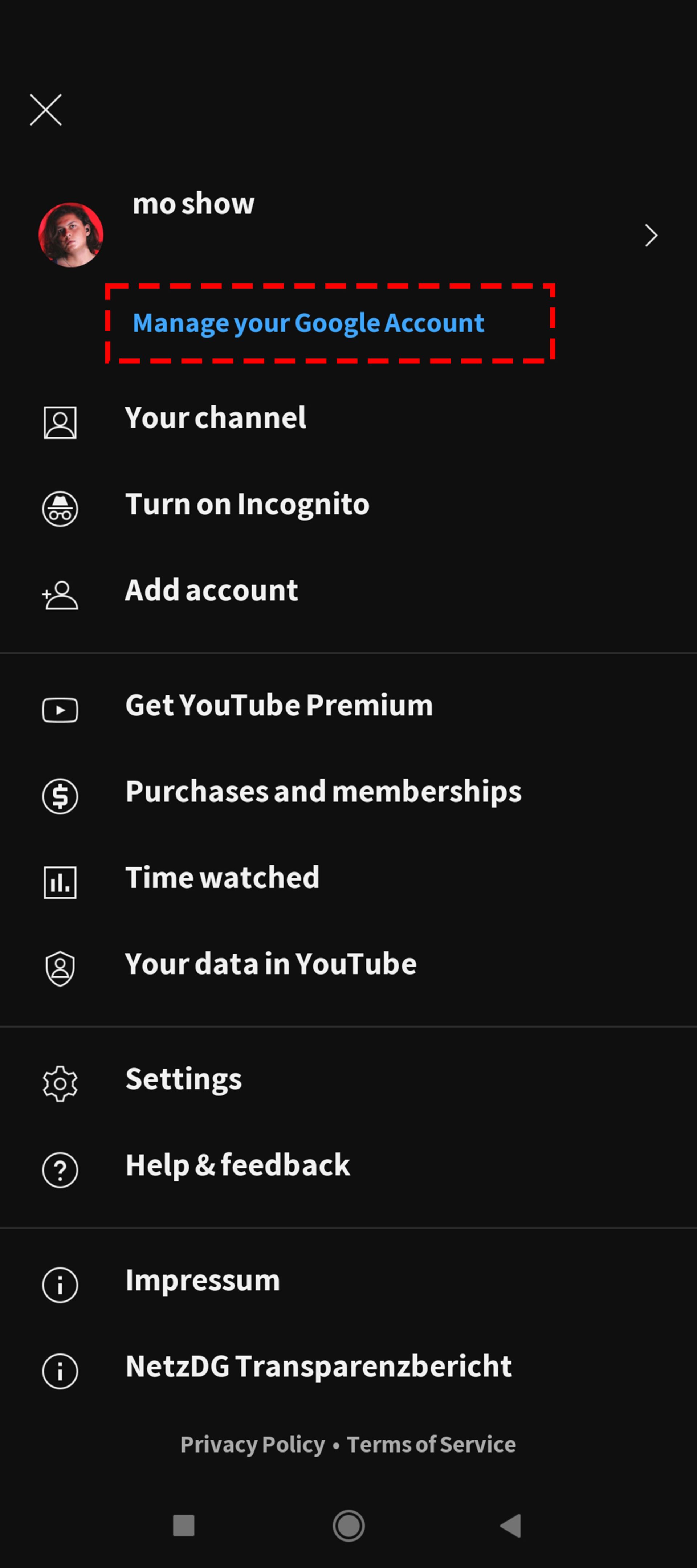 صفحه اول منوی یوتیوب در گوشی اندروید که دور گزینه manage your account خط قرمز کشیده شد