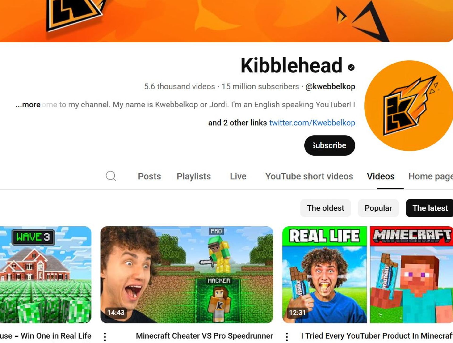 اسکرین‌شات صفحه یوتیوب جوردی وندن بوش یوتیوبر مشهور به  kwebbelkop