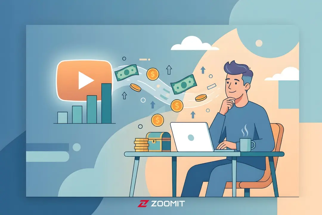 مفهوم کسب درآمد از ویدیو و یوتیوب با نمادهای پول و نمودار رشد