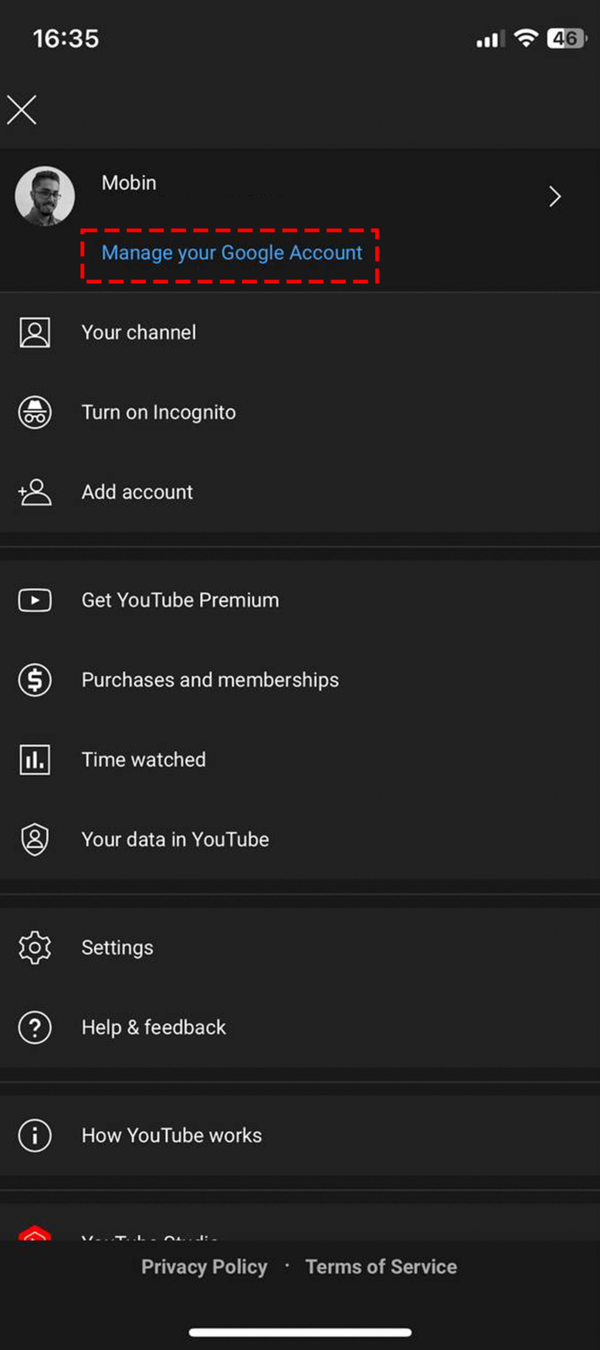 خط کشیدن دور گزینه Manage Your Account در منوی یوتیوب iOS