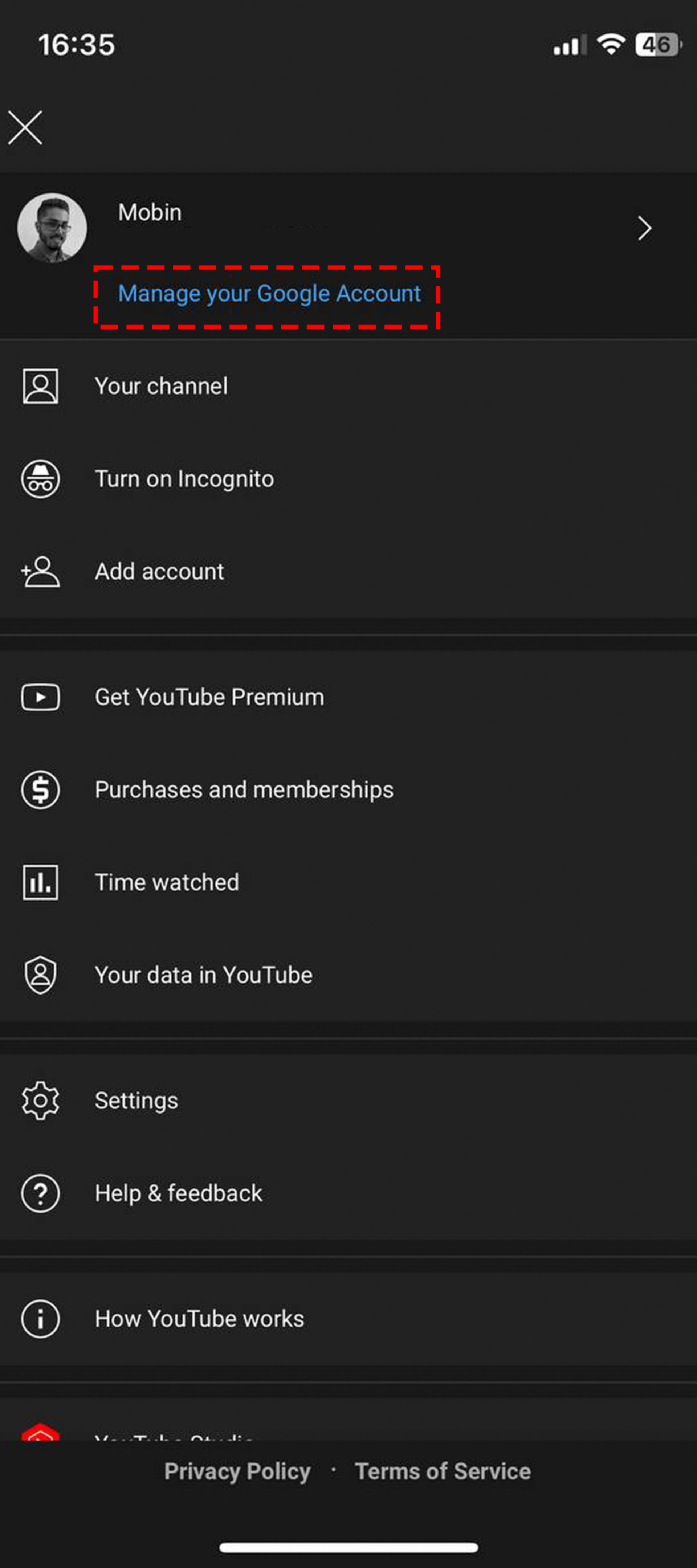 خط کشیدن دور گزینه Manage Your Account در منوی یوتیوب iOS