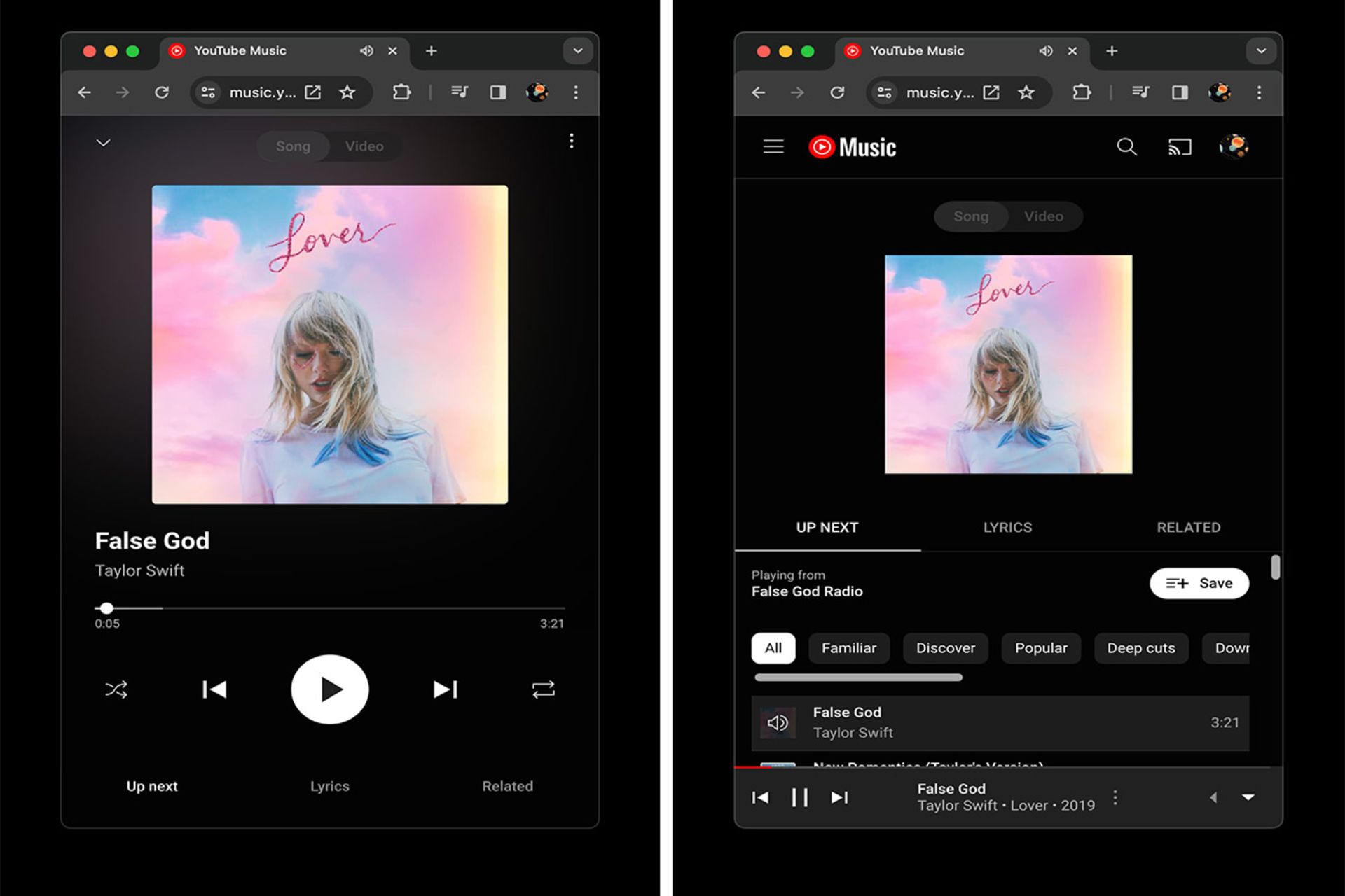 اسکرین شات از دو طراحی قدیمی و جدید یوتیوب موزیک نسخه وب 