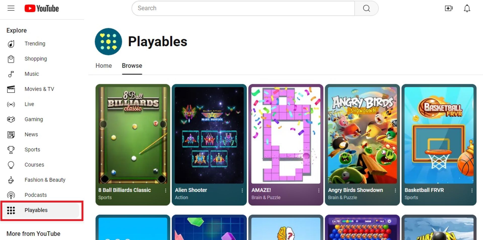 صفحه بازی های یوتیوب Youtube playables