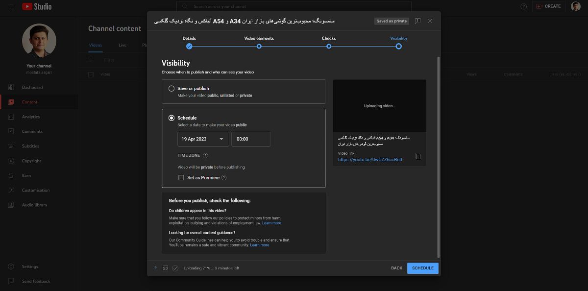 YouTube Visibility section and schedule settings