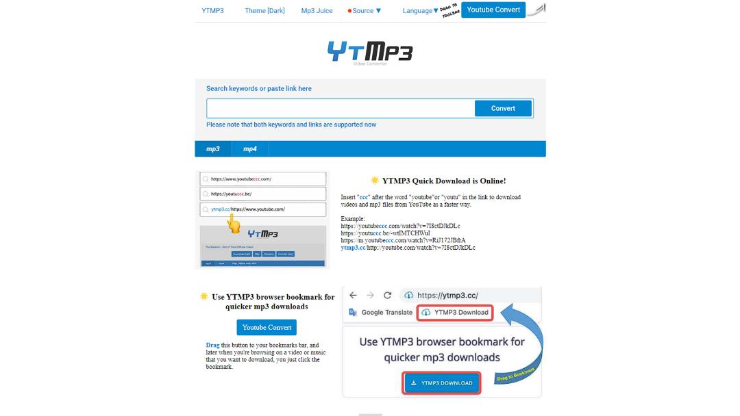 صفحه ابتدایی سایت Ytmp3 با توضیحات نحوه دانلود و باکس لینک
