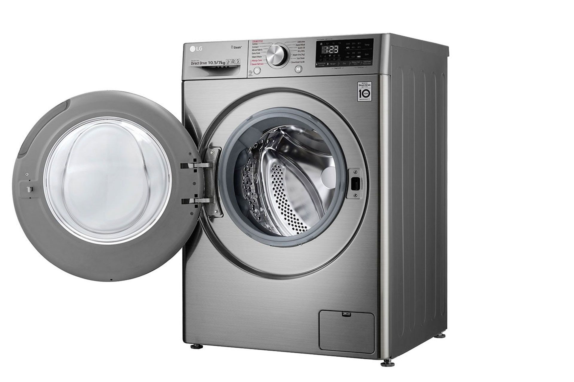 نمای کناری ماشین لباسشویی V500 نقره ای با در باز از سمت راست