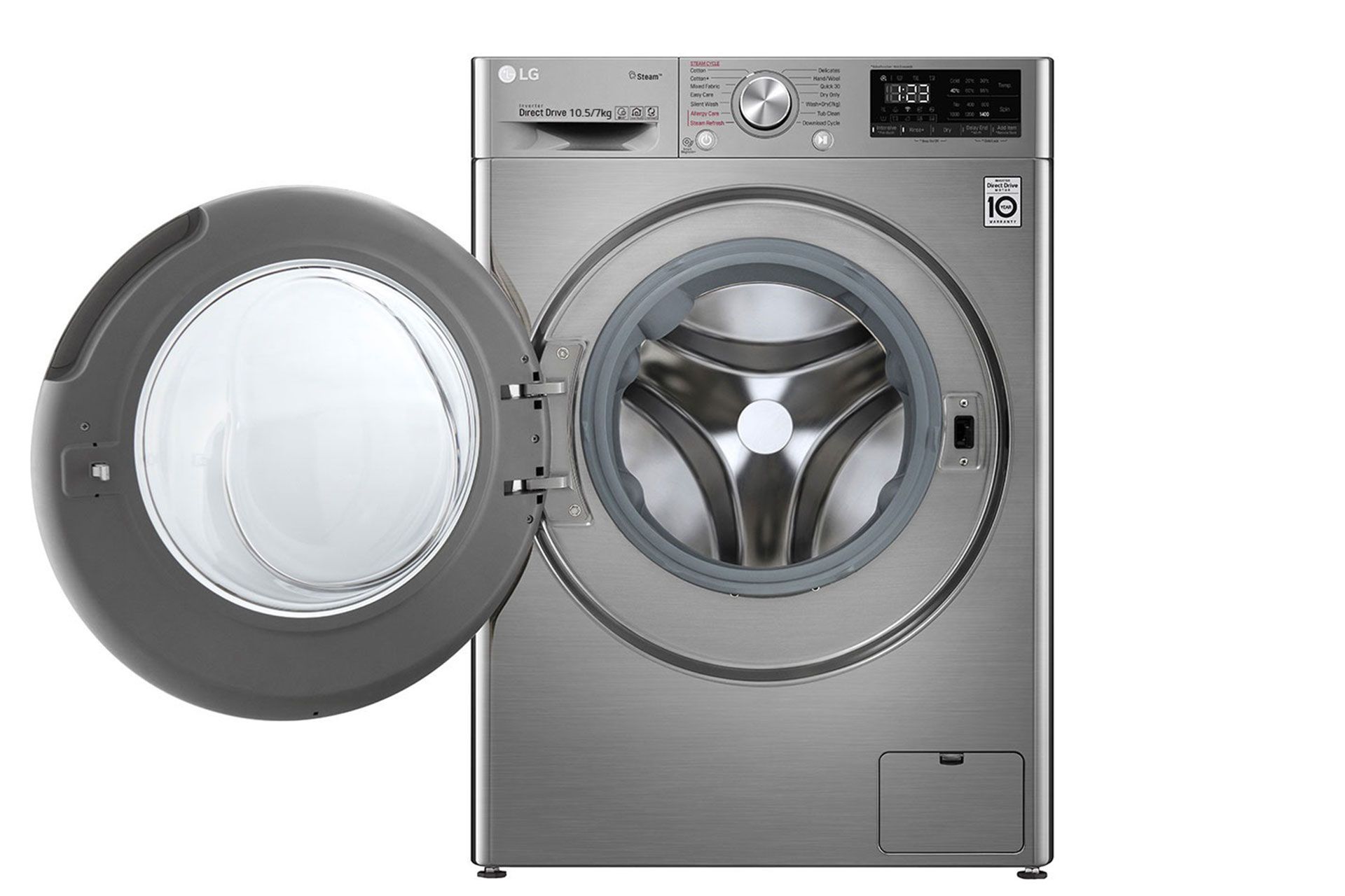 نمای روبه‌روی ماشین لباسشویی V500 نقره ای با در باز