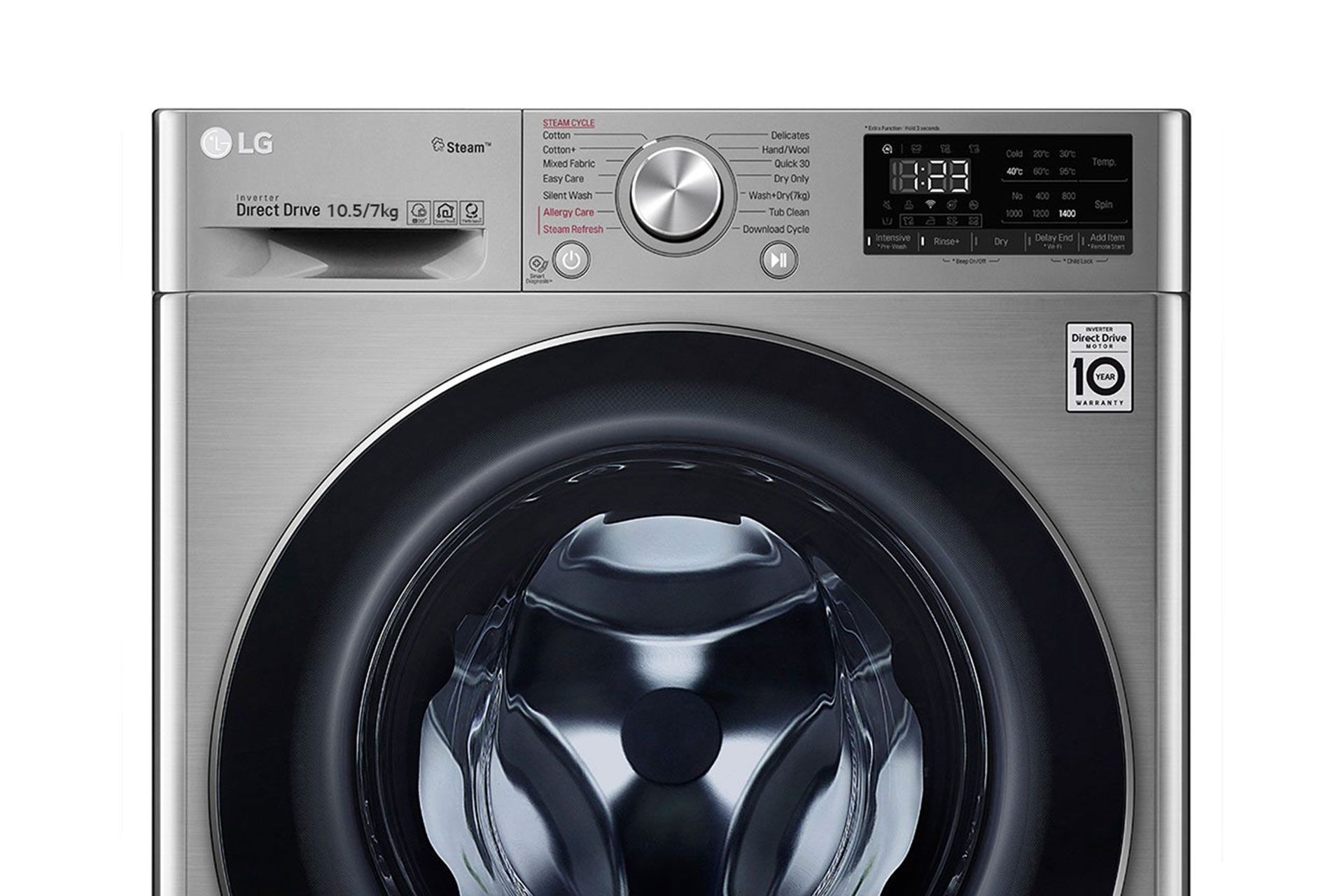 نمای کلوز آپ بخش بالایی ماشین لباسشویی V500 نقره ای با در بسته