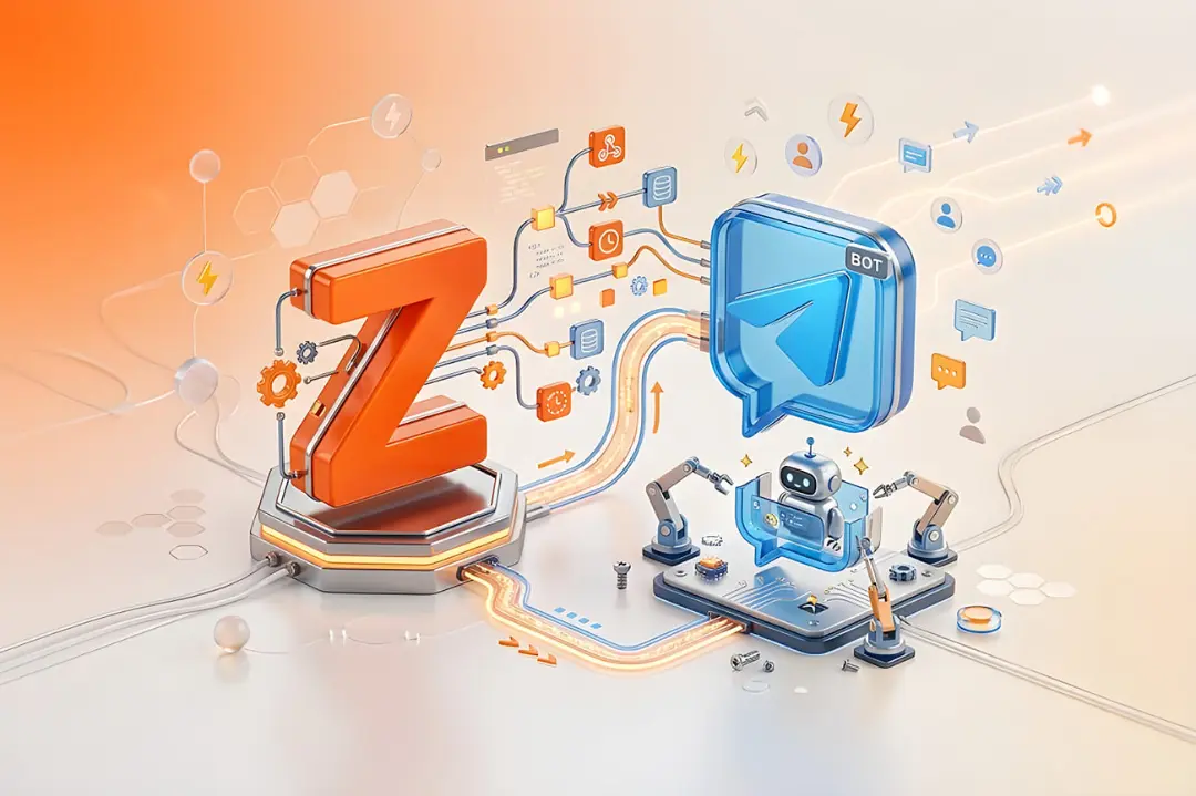 نمودار سه‌بعدی اتصال لوگوی Zapier به آیکون تلگرام برای ساخت ربات