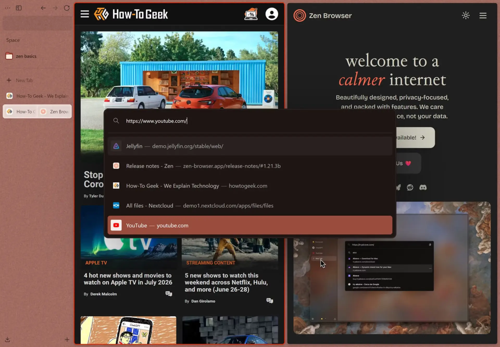 مرورگر زن (Zen Browser) با رابط کاربری تاریک و پنجره باز یوتیوب