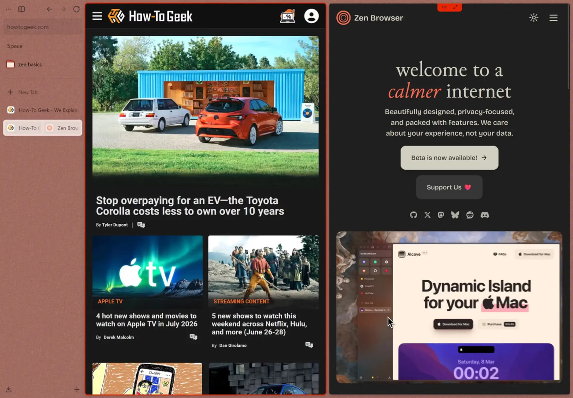 رابط کاربری مرورگر زن (Zen Browser) در کنار وبسایت How-To-Geek