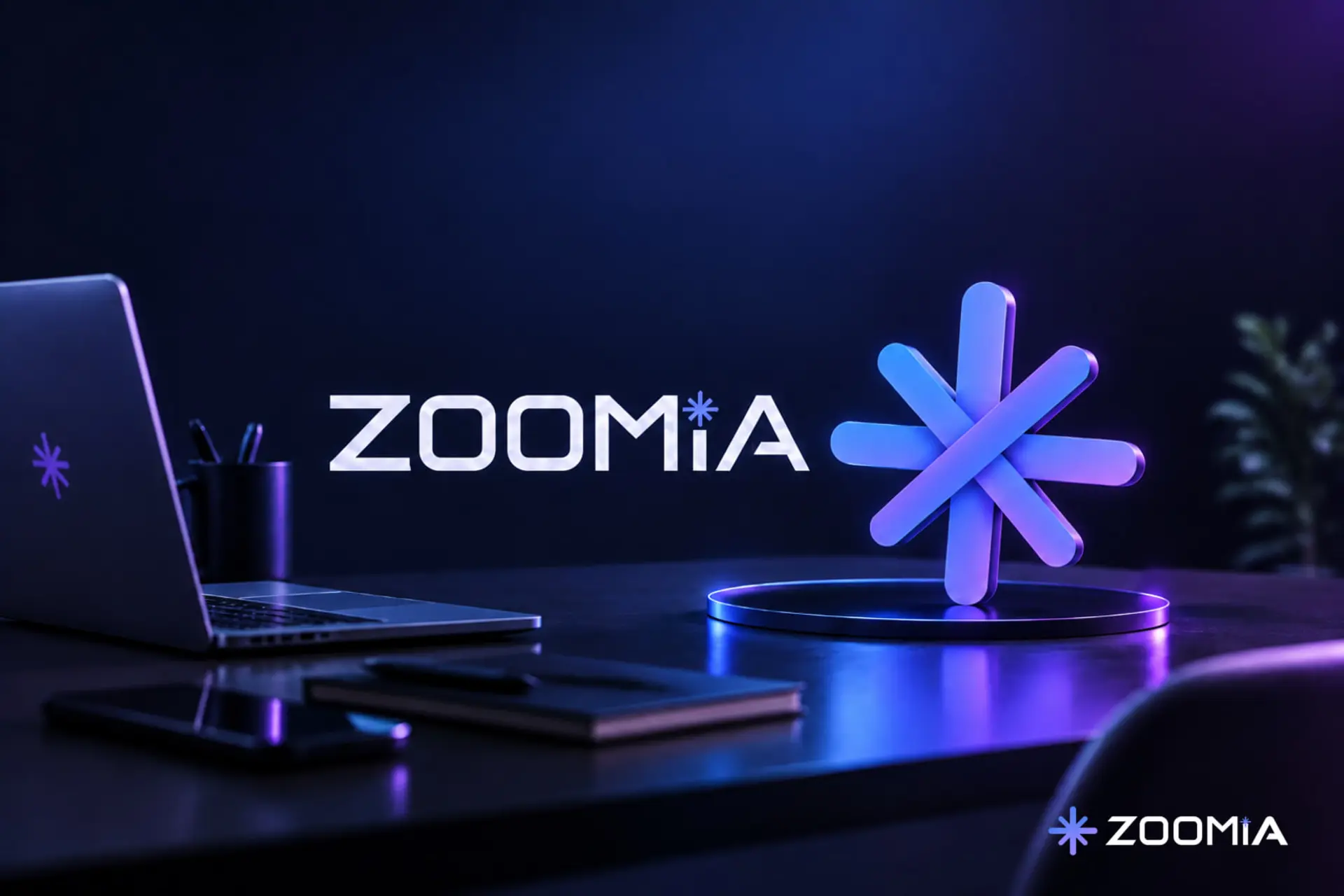 لوگوی سه‌بعدی زومیا (Zoomia) روی میز کار در محیطی با نورپردازی آبی و بنفش