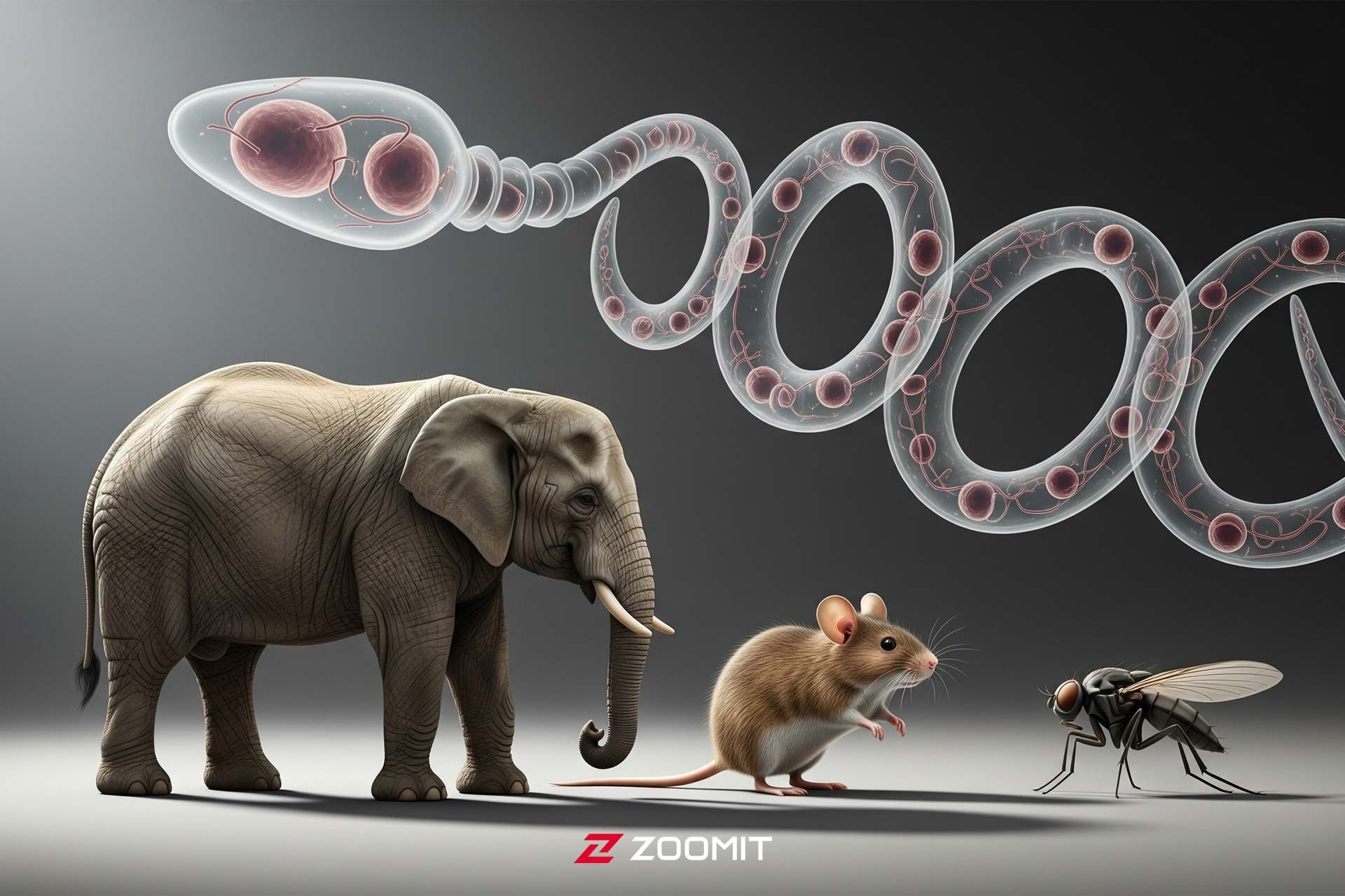 تصویرسازی از فیل، موش و مگس میوه در پس‌زمینه اسپرمی بسیار بزرگ