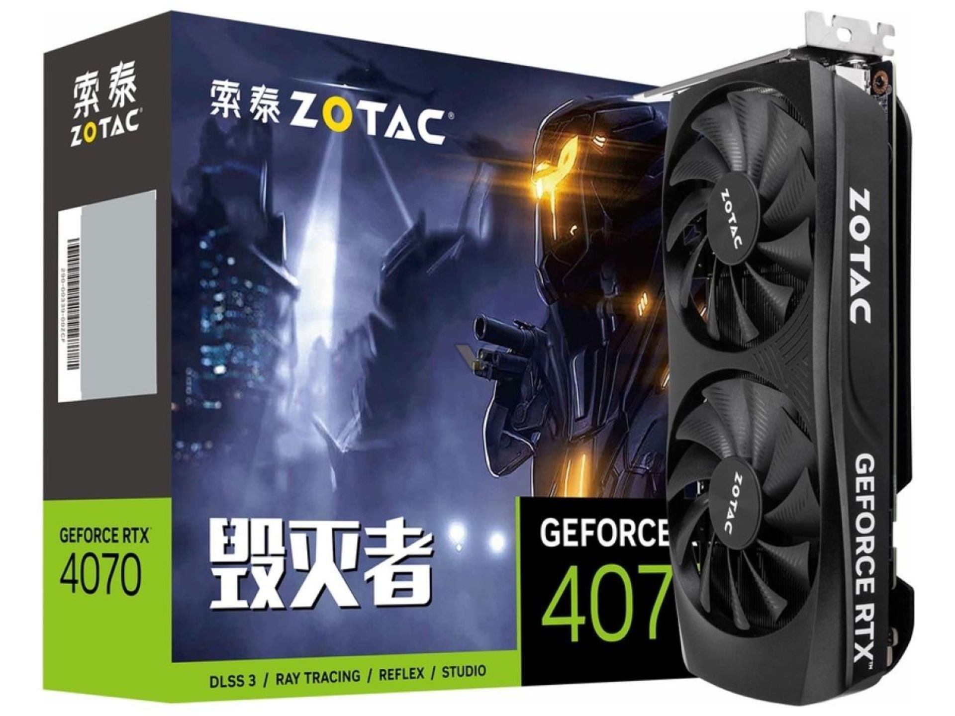 کارت گرافیک انویدیا  Zotac Geforce-RTX-4070-GDDR6 کنار جعبه