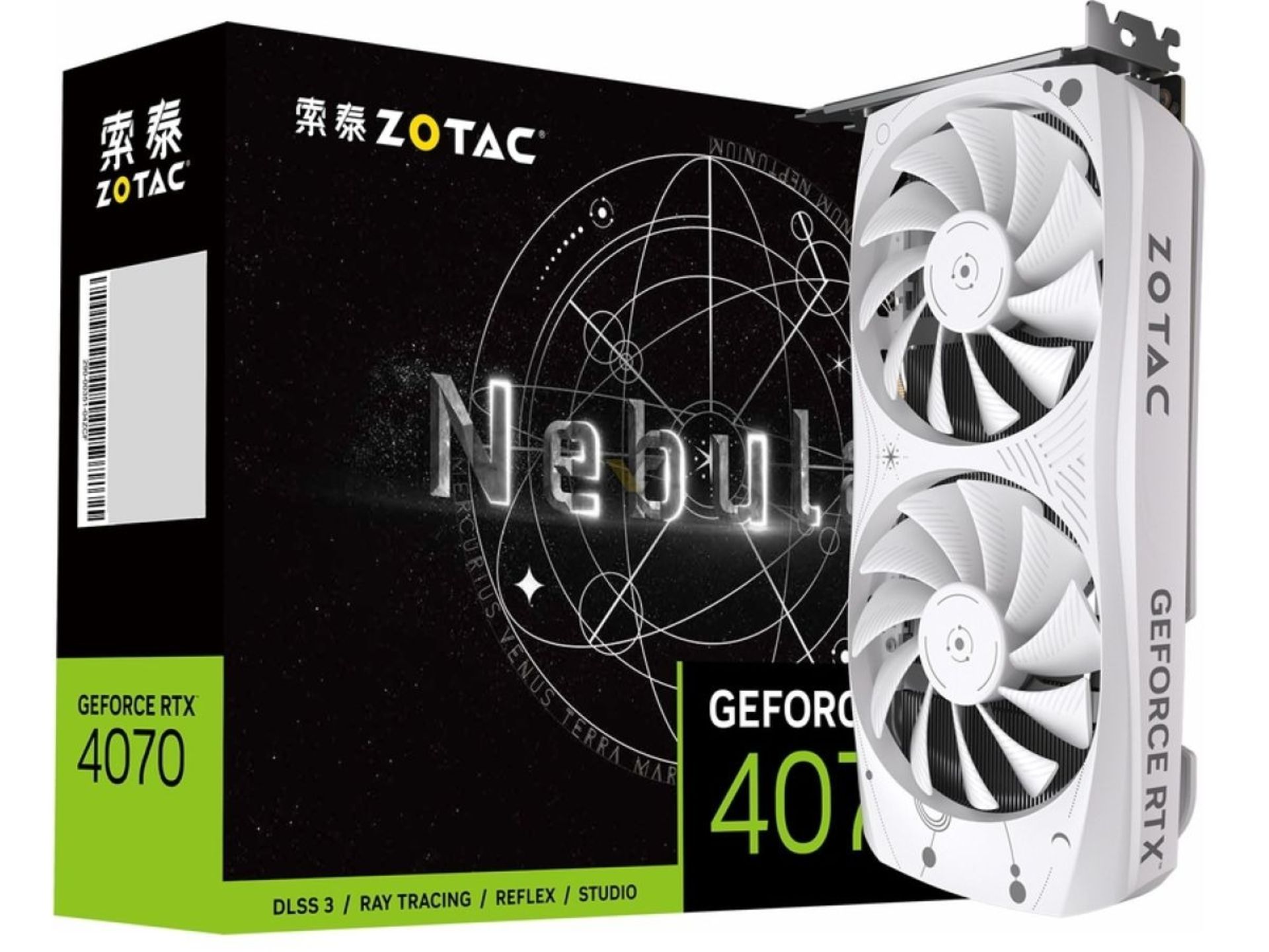 کارت گرافیک انویدیا  Zotac Geforce-RTX-4070-GDDR6 سفید کنار جعبه