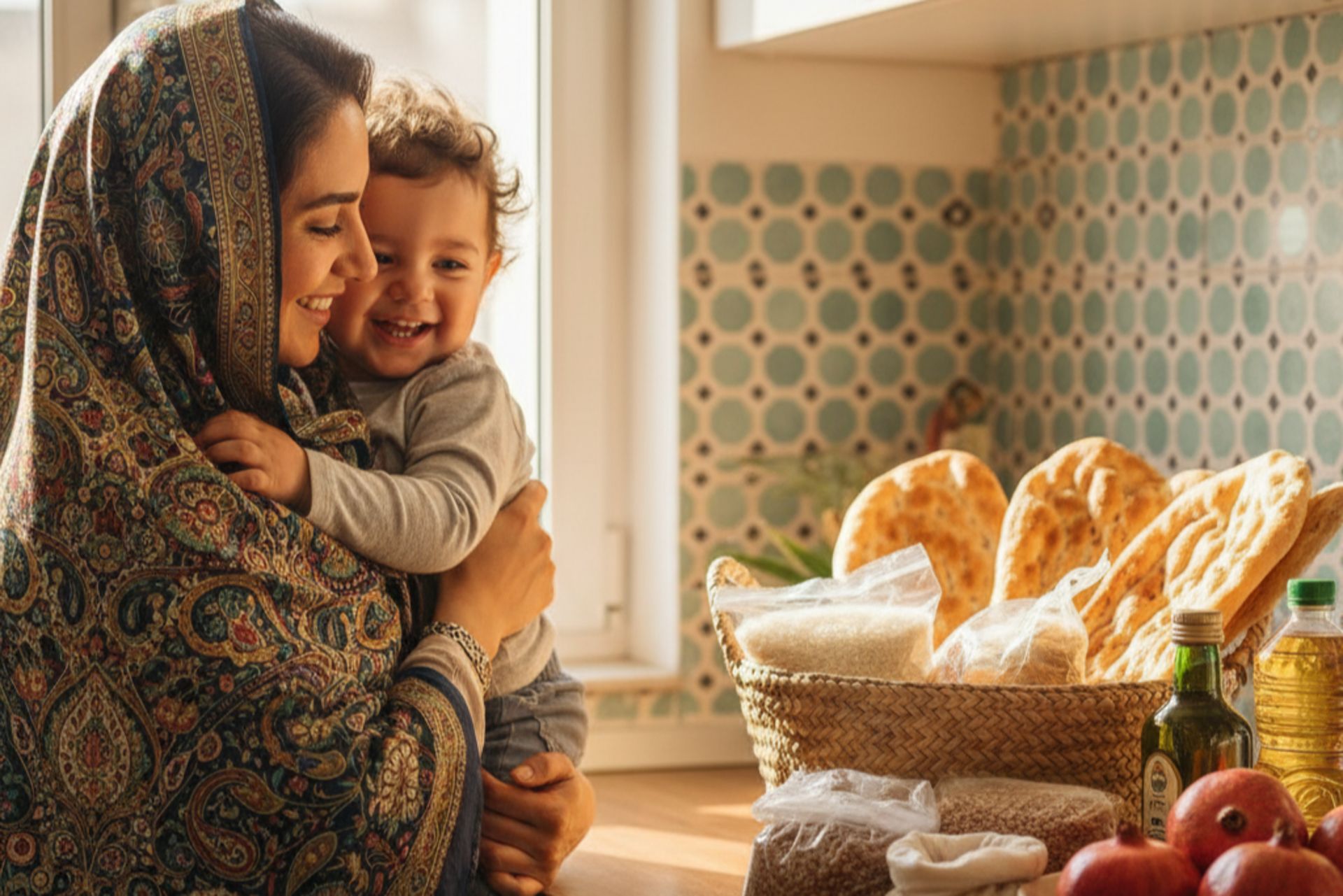 یک مادر و کودک خندان در کنار سبدی پر از مواد غذایی اساسی، نمادی از حمایت و تغذیه سالم در خانواده.