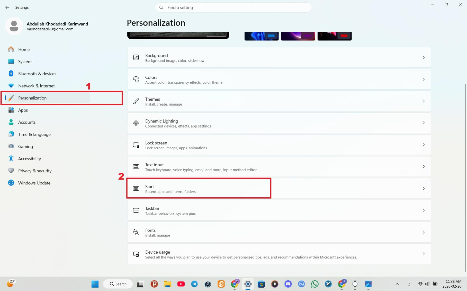 منوی Personalization در Settings ویندوز 11 که به کاربر امکانات متنوعی برای تغییر در ظاهر ویندوز می‌دهد