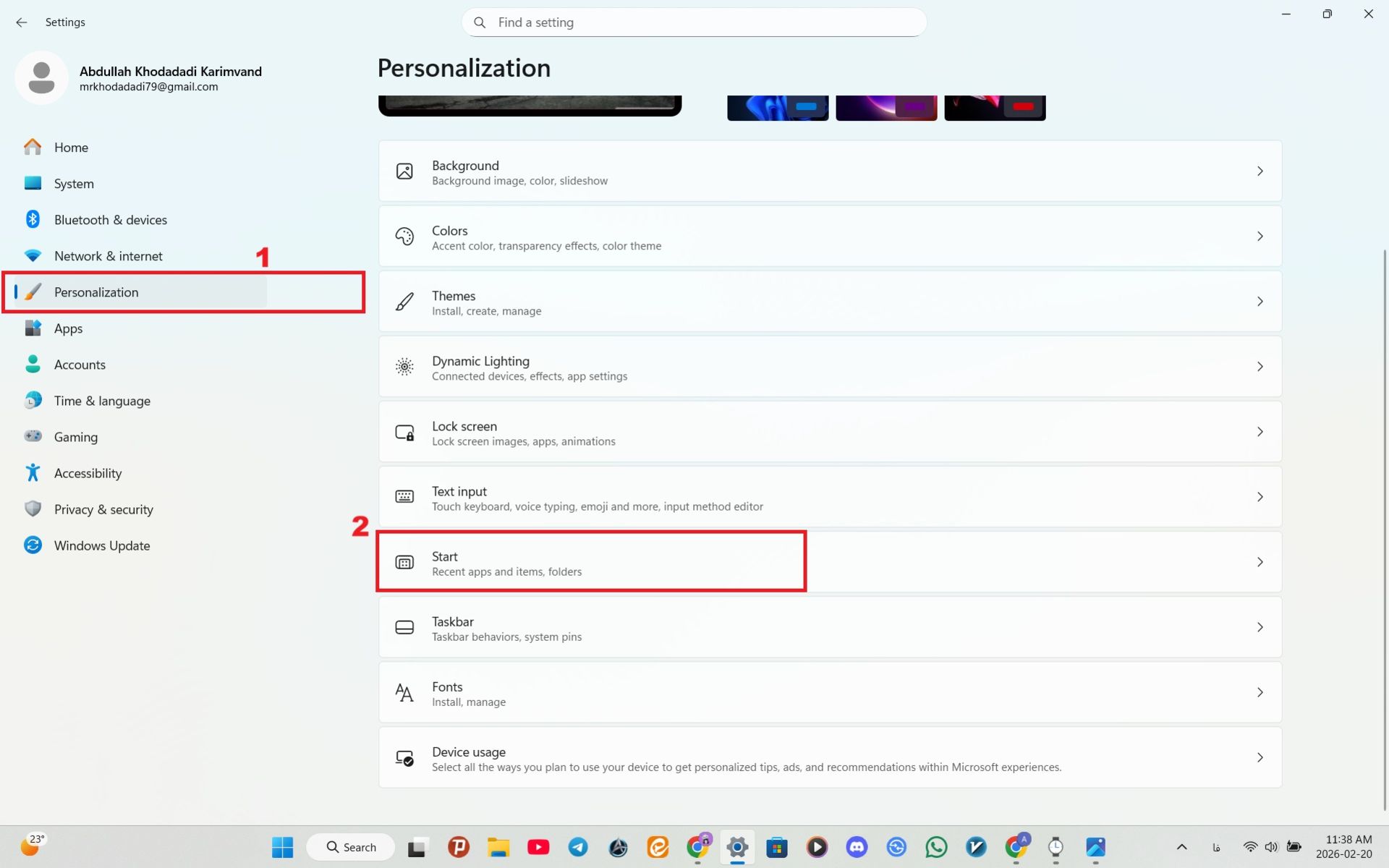 منوی Personalization در Settings ویندوز 11 که به کاربر امکانات متنوعی برای تغییر در ظاهر ویندوز می‌دهد