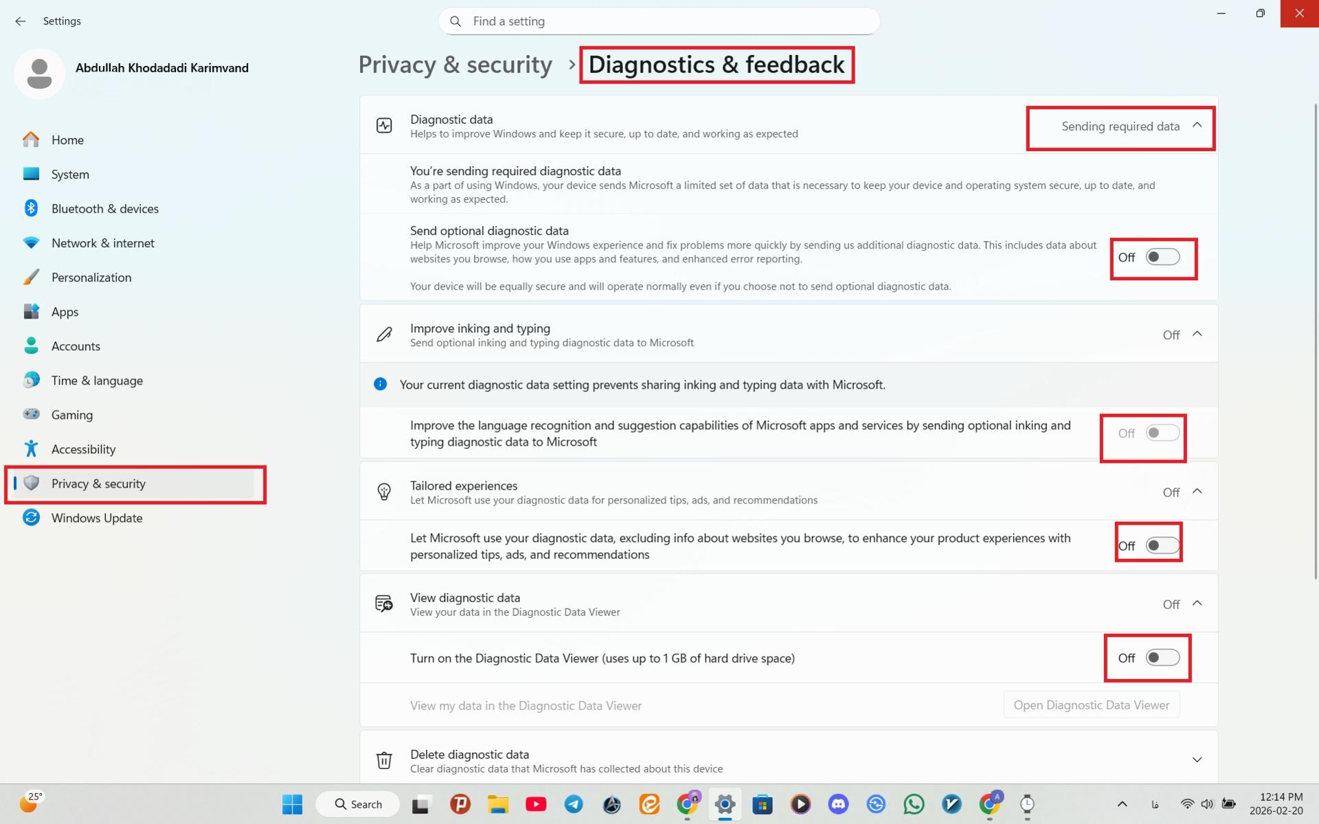 منوی Diagnostics & feedback در Privacy & Security ویندوز 11 که به کاربر امکانات متنوعی از جمله غیر فعال کردن ارسال برخی اطلاعات به سرویس مایکروسافت را می‌دهد.