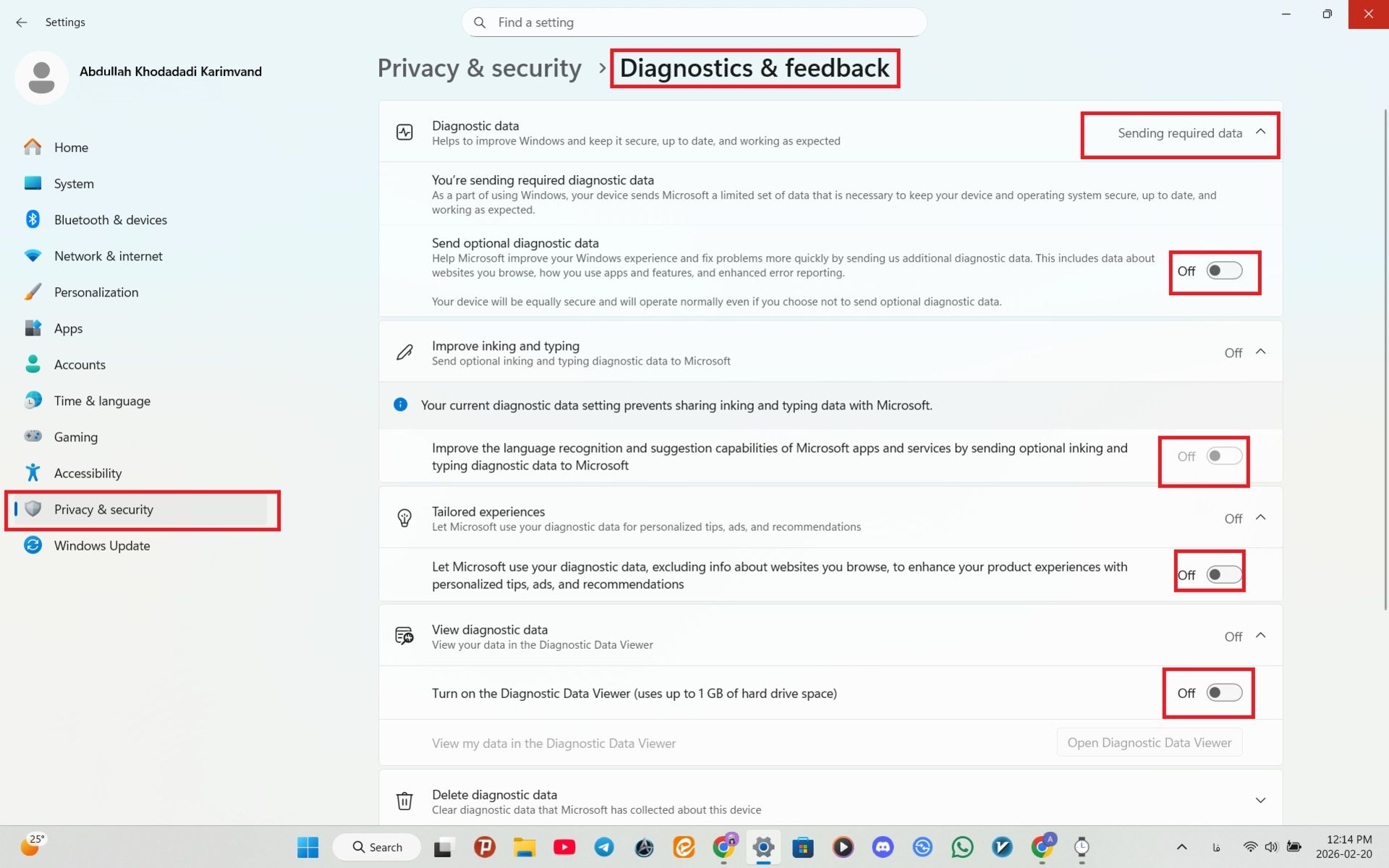 منوی Diagnostics & feedback در Privacy & Security ویندوز 11 که به کاربر امکانات متنوعی از جمله غیر فعال کردن ارسال برخی اطلاعات به سرویس مایکروسافت را می‌دهد.