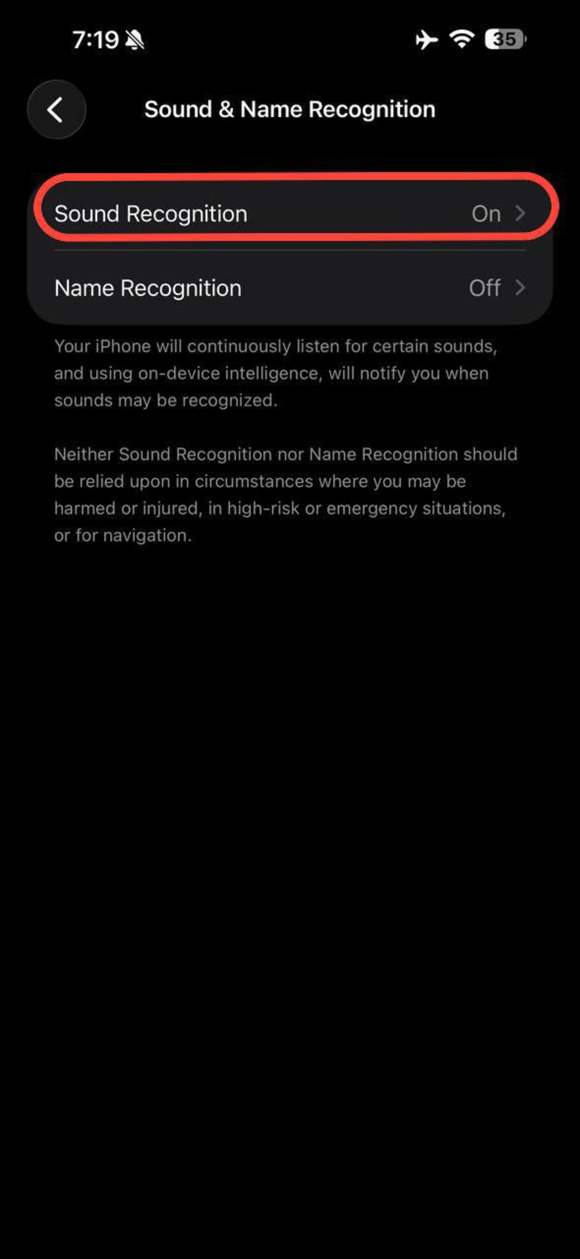 منوی Sound and name Recognition در بخش Accessibility که امکان شناسایی صدا به کاربر می‌دهد