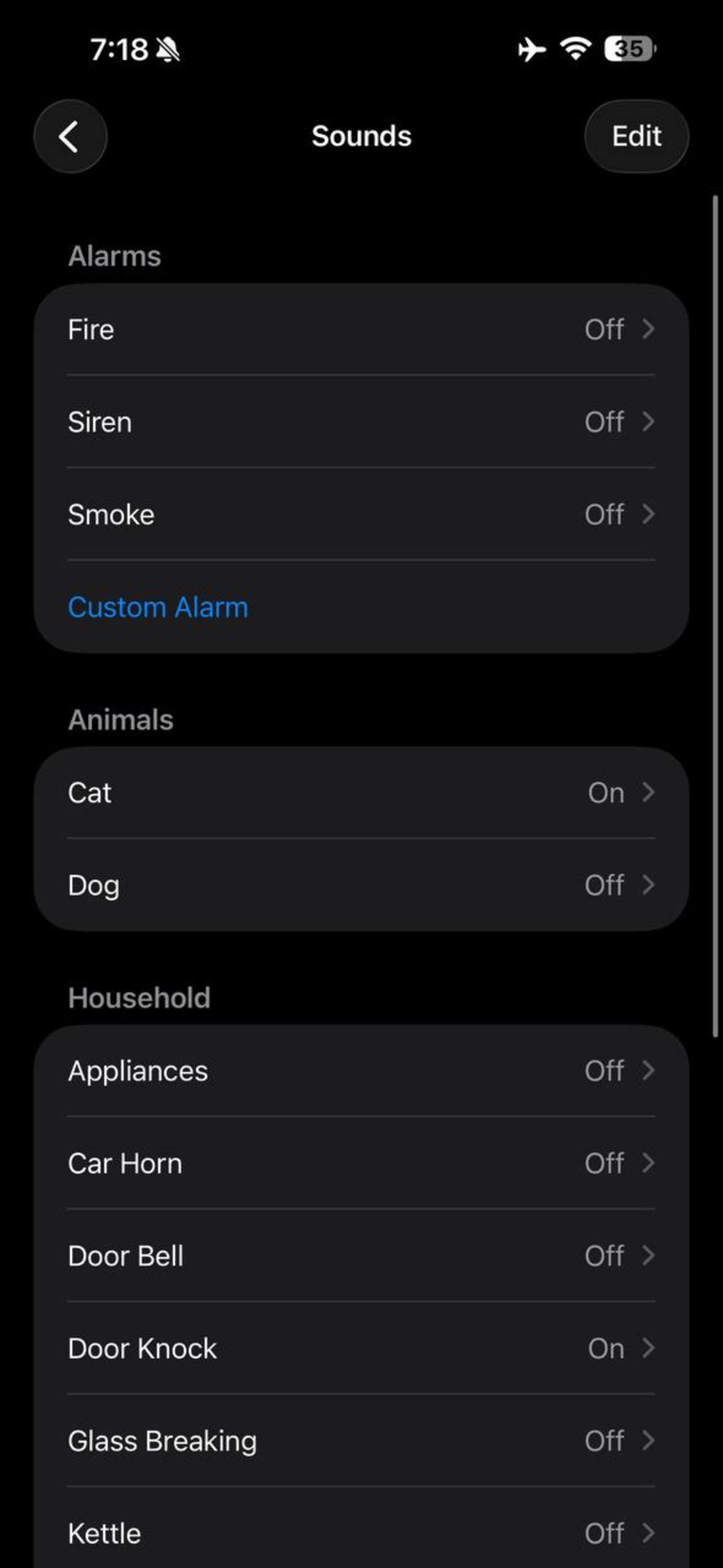 منوی Sounds در بخش Sound Recognition که امکان انتخاب صداهای مختلف و آلارم های متفاوت را به کاربر می‌دهد