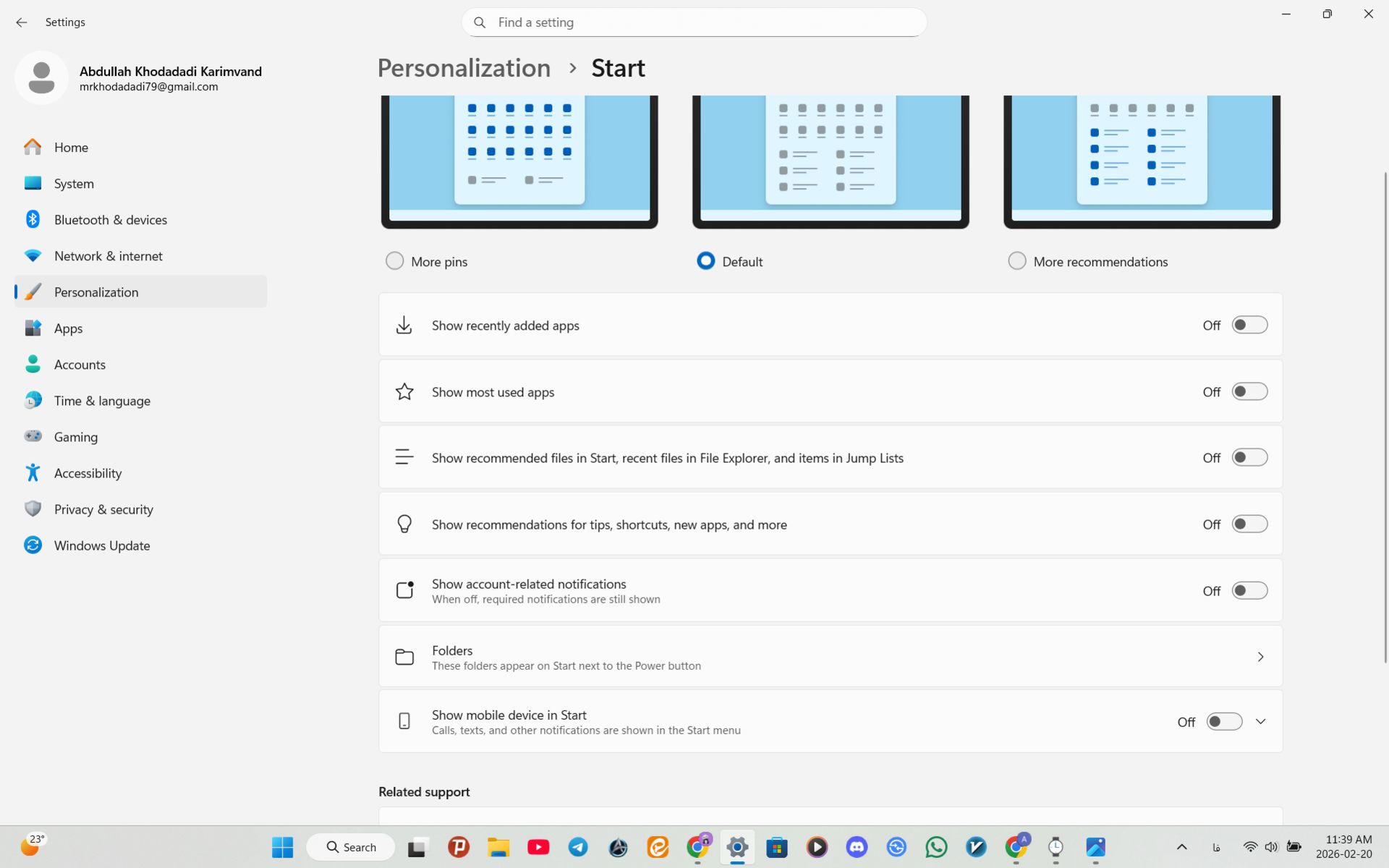 منوی قسمت Start در بخش Personalization در ویندوز 11 که به کاربر امکان غیر فعال کردن برخی امکانات غیر ضروری را می‌دهد.