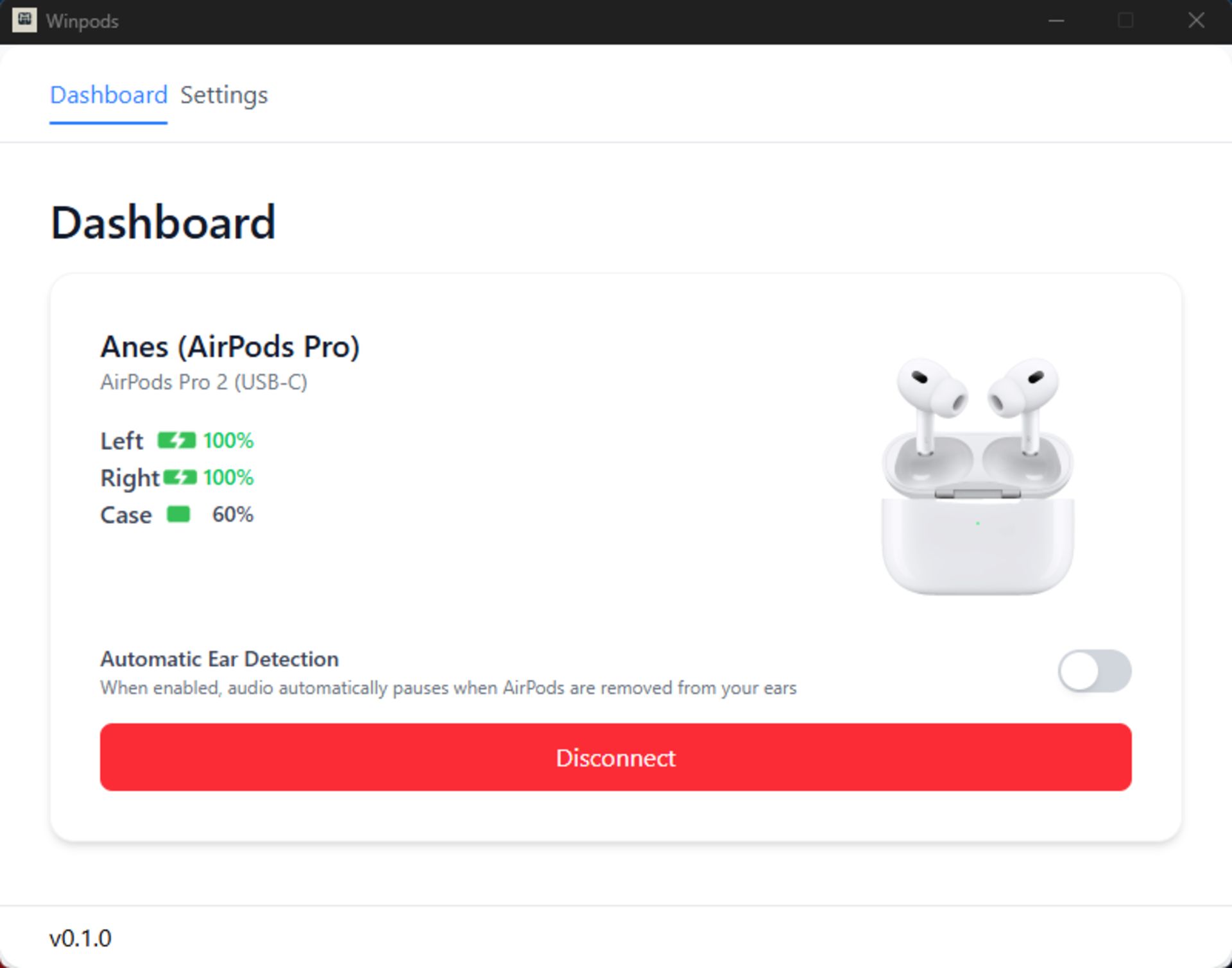 نمایش محیط کاربری نرم افزار Winpods که به کاربر کمک می‌کند ایرپاد های خود را بهتر کنترل کند و میزان باتری کیس و گوشی‌ها را مشاهده کند